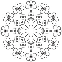 Black outline of a circular floral mandala design white