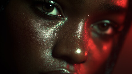 An eye with visible lashes reflects soft green light surrounded by dim colors. Red illumination is visible in the corner, blending into the dark environment.