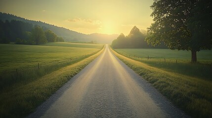 Realistic panoramic view of a quiet countryside road at dawn, with golden morning light illuminating the green meadows on both sides. The horizon glows softly under a pastel-colored sky.
