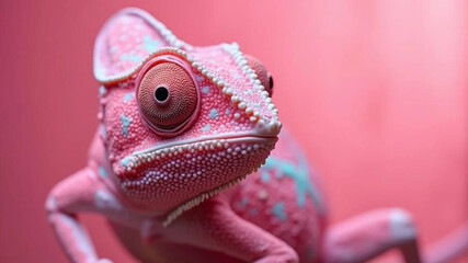 Pink chameleon on pink background. 