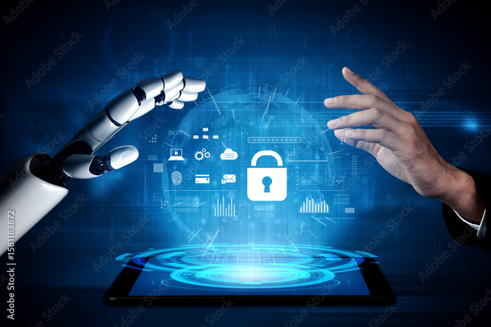 Poster ai-powered lock system showing advanced cybersecurity, identity verification, and data protection an
