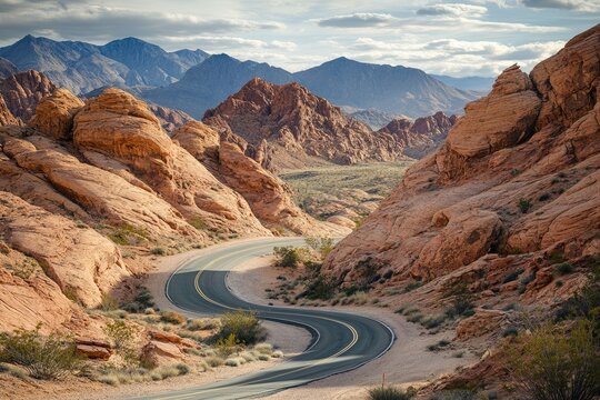 Winding road through red rock canyons.  A scenic highway snakes through a valley of vibrant, eroded sandstone formations,  surrounded by rugged mountains.  Sunny, hazy day