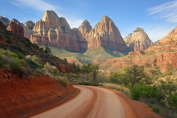 Winding dirt road through a canyon, with red rock formations