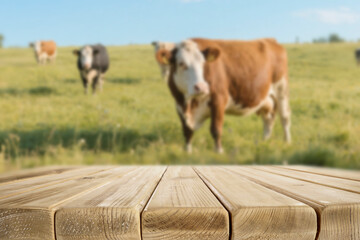 Natural countryside scene with an empty wooden table in the foreground, perfect for product display...