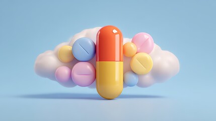 A colorful capsule surrounded by pastel pills in a whimsical cloud.