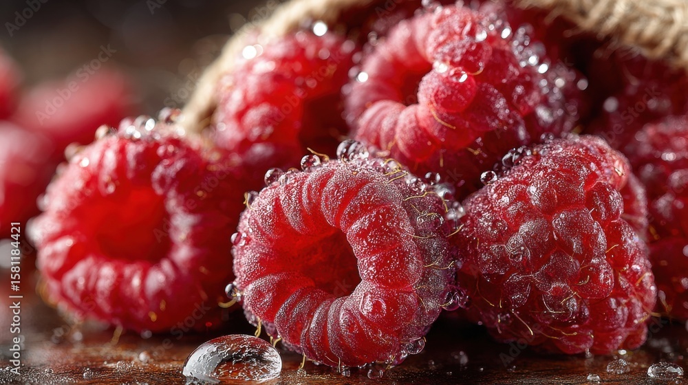 Poster a bunch of red raspberries with a bag on top of them. the raspberries are covered in a thin layer of