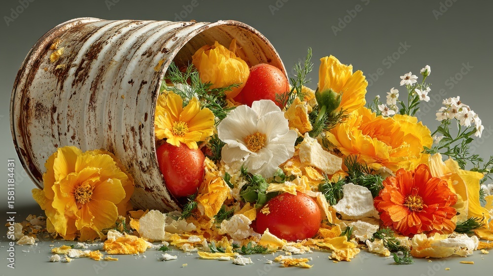 Poster a large container filled with flowers and fruit, including tomatoes and oranges. the container is ov