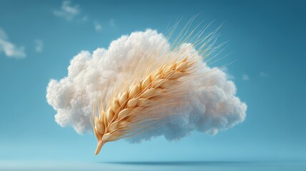 A golden wheat ear suspended in the air, surrounded by soft clouds and blue sky.