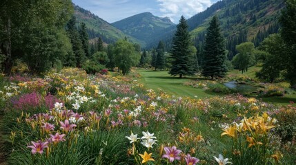 Obraz premium A lush green field with a golf course in the background. The field is filled with a variety of flowers, including pink and yellow ones. The scene is serene and peaceful