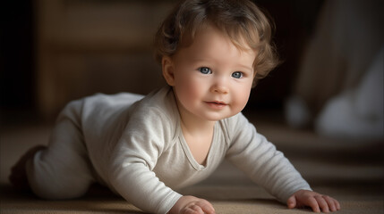 Naklejka premium Adorable baby crawling forward in soft light