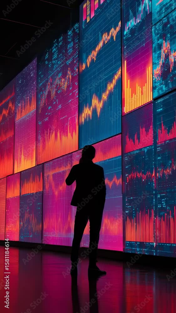 Poster a professional data analyst studies complex financial market trends displayed on a giant led screen 