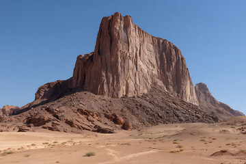 Fototapeta premium Arid Landscape Featuring Imposing Reddish Brown Rock Formation Towering Over Sandy Desert Under Clear Blue Sky