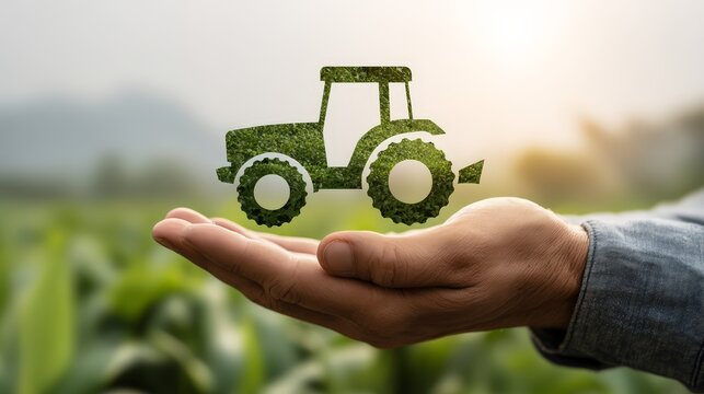 A hand holding a green tractor symbolizing sustainable farming and environmental care.