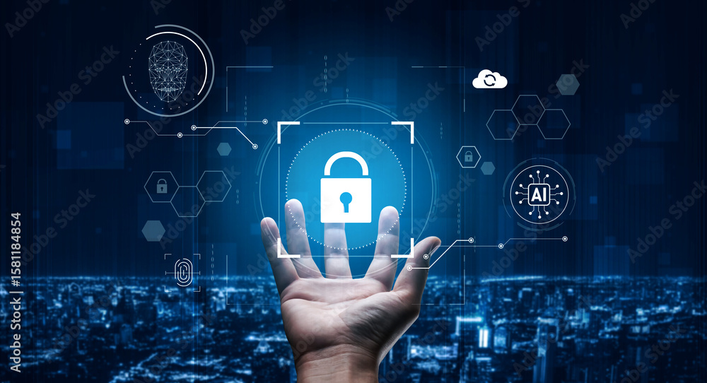 Poster ai cyber security system using biometric authentication and privacy control. cyber security protects