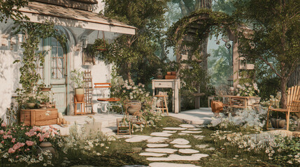 Charming cottagecore backyard with rustic decor, lush greenery, and cozy outdoor design, evoking a peaceful countryside lifestyle.