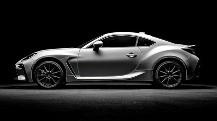 Fototapeta premium Silver Coupe Car Side View, Dark Background