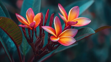 Three pink and orange flowers are on a green leaf. The flowers are in a garden and the background is blue