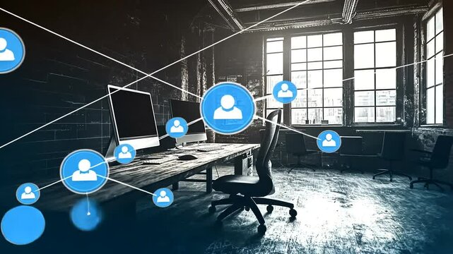 Connected workspace visualization with networking icons and technology concept background - Powered by Adobe