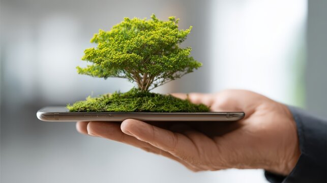 A hand holding a smartphone with a miniature tree showcasing nature and technology. - Powered by Adobe