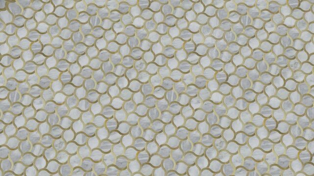 Top view of surface covered with small hexagonal tiles in soft color