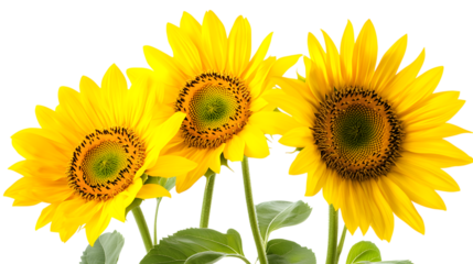 Three Bright Yellow Sunflowers Blooming Freshly On A Sunny Day