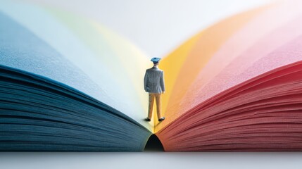 A miniature figure standing between colorful book pages, symbolizing choices and knowledge.