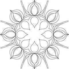 Intricate black outline of a floral mandala with repeating petal shapes abstract blackwork