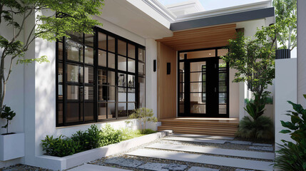 Minimalist front yard exterior design with clean lines, modern garden elements, and simple architectural details.