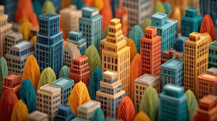 Obraz premium A cityscape made of paper buildings with trees in the background. The buildings are of different colors and sizes, and the trees are of various shades of green and yellow