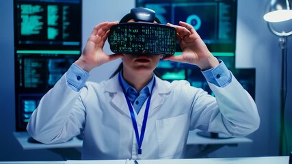 Scientist with VR headset with virtual reality data visualization. - Powered by Adobe