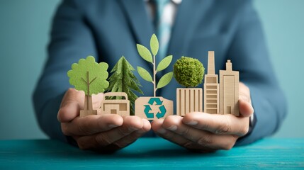 A person holds eco-friendly models representing sustainability and urban growth.