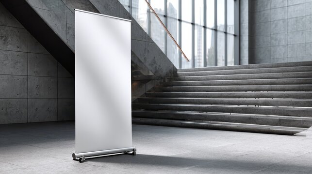 White roll-up banner template standing in lobby next to stairs. Blank advertisement mockup in business space. Commercial pull-up display
