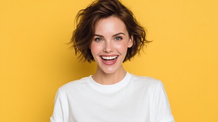 Fototapeta premium Horizontal portrait of happy female has cheerful expression, dressed in white casual t shirt, expresses positiveness, being glad to spend free time with boyfriend. Smiling woman with stylish hairdo, 