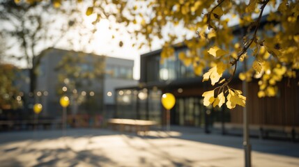 Obraz premium Contemporary school facade framed by vibrant yellow autumn leaves. Yellow balloons decorate the entrance, suggesting a festive event or first day of school.