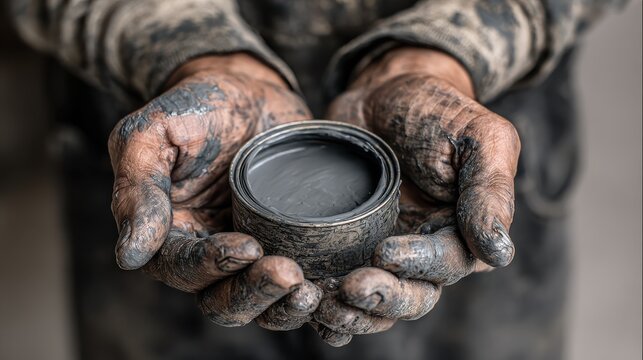 A person's hands hold a tin of gray modeling paste, indicating an artistic process.