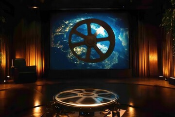 Documentary world scene features a large film reel, large film reel prominently displayed in a documentary world scene