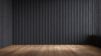 Acoustic fluted wood panel wall with black cloth back material. Wooden striped background with vertical lines, shadows. Interior design, wooden floor. Modern decor, vintage style for wallpaper