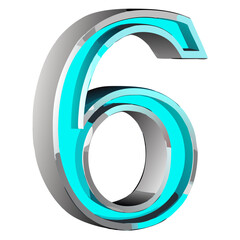 Chrome Metallic 3D Number 6 with Cyan Outline on White Background &ndash; Vector Illustration.
