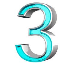 Fototapeta premium Chrome Metallic 3D Numbers 3 with Cyan Outline on White Background – Vector Illustration.