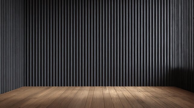Acoustic fluted wood panel wall with black cloth back material. Wooden striped background with vertical lines, shadows. Interior design, wooden floor. Modern decor, vintage style for wallpaper