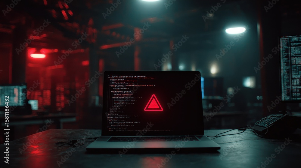 Poster a laptop displays a red warning symbol amidst code, highlighting cybersecurity concerns in a dimly l