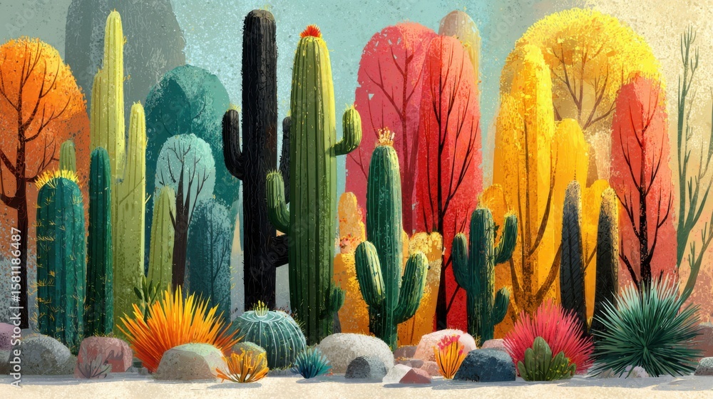 Poster a drawing of a desert landscape with many cacti and trees. the cacti are of various colors and sizes