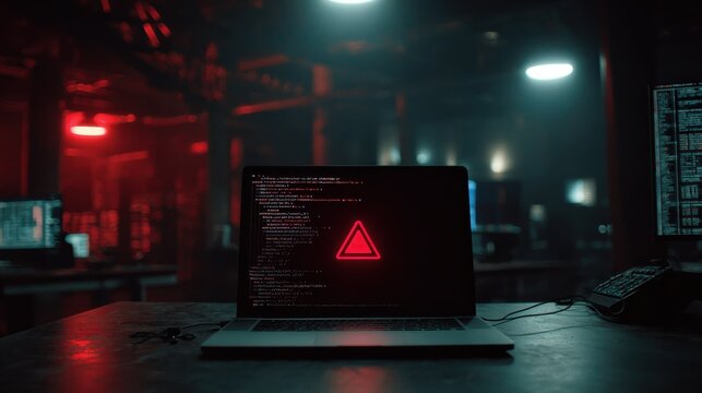 A laptop displays a red warning symbol amidst code, highlighting cybersecurity concerns in a dimly lit workspace.