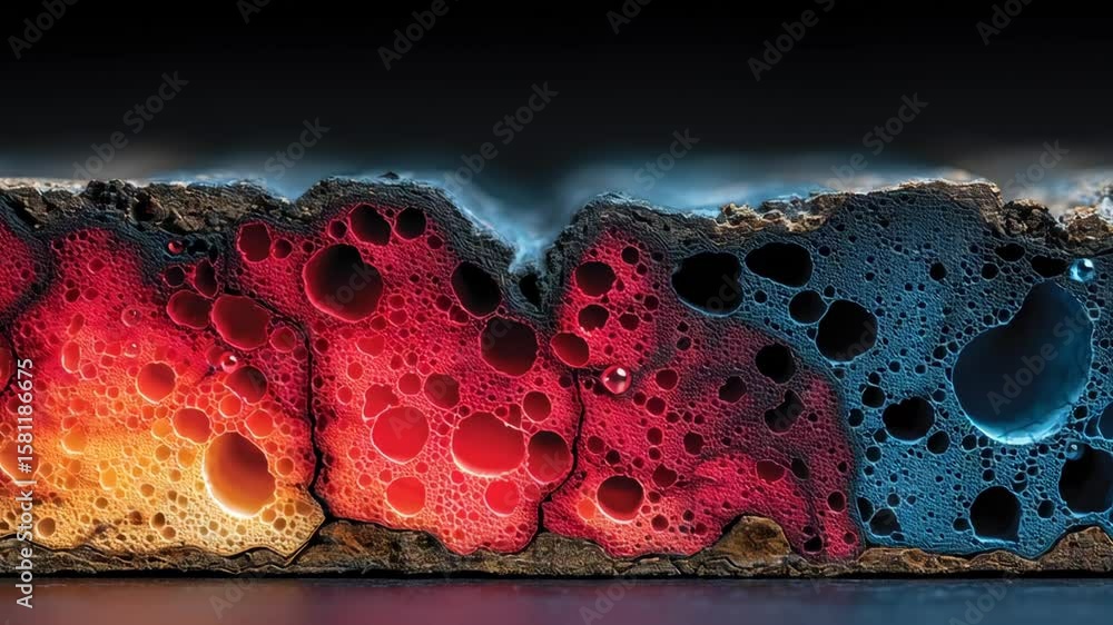 Poster vibrant cross section of tissue showcasing colorful bubbles and droplets, featuring embedded nanosen