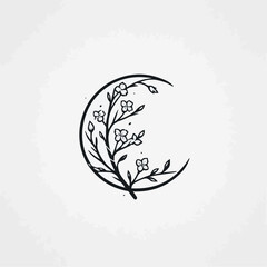 Fototapeta premium Floral crescent moon drawing with delicate flowers and leaves on white background 