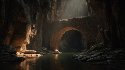 An ancient stone bridge arches over a calm river in the dim, rocky interior of a cavern. Light filters through gaps, creating patterns on the water and highlighting the textures.
