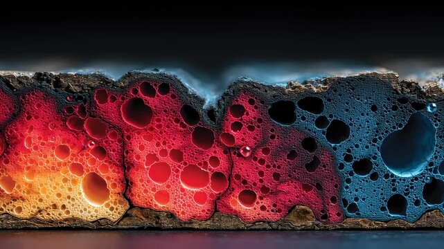 Vibrant cross section of tissue showcasing colorful bubbles and droplets, featuring embedded nanosensors with striking gradient of colors from red to