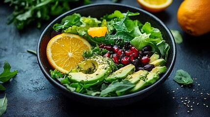 Vibrant and healthy salad bowl with avocado orange pomegranate and black beans