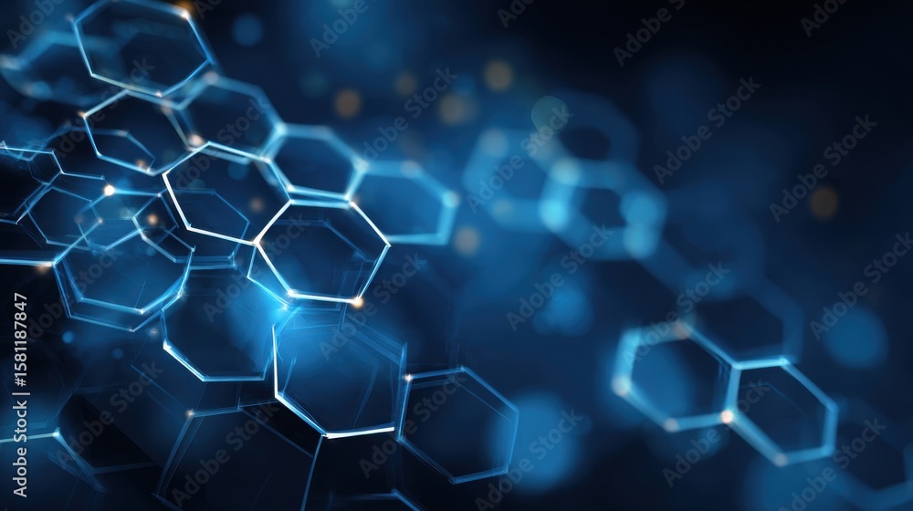 Fototapete A blue background with a pattern of hexagons. The hexagons are all different sizes and are arranged in a way that creates a sense of movement and depth. Scene is one of complexity and intrigue