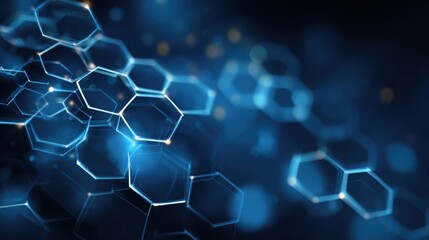 A blue background with a pattern of hexagons. The hexagons are all different sizes and are arranged in a way that creates a sense of movement and depth. Scene is one of complexity and intrigue